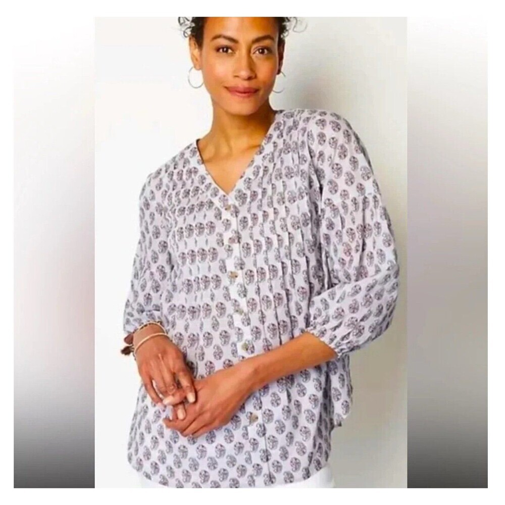 J. Jill Madeira Pin tuck Cotton Paisley Button Up Blouse Top 3/4 Sleeve Size L